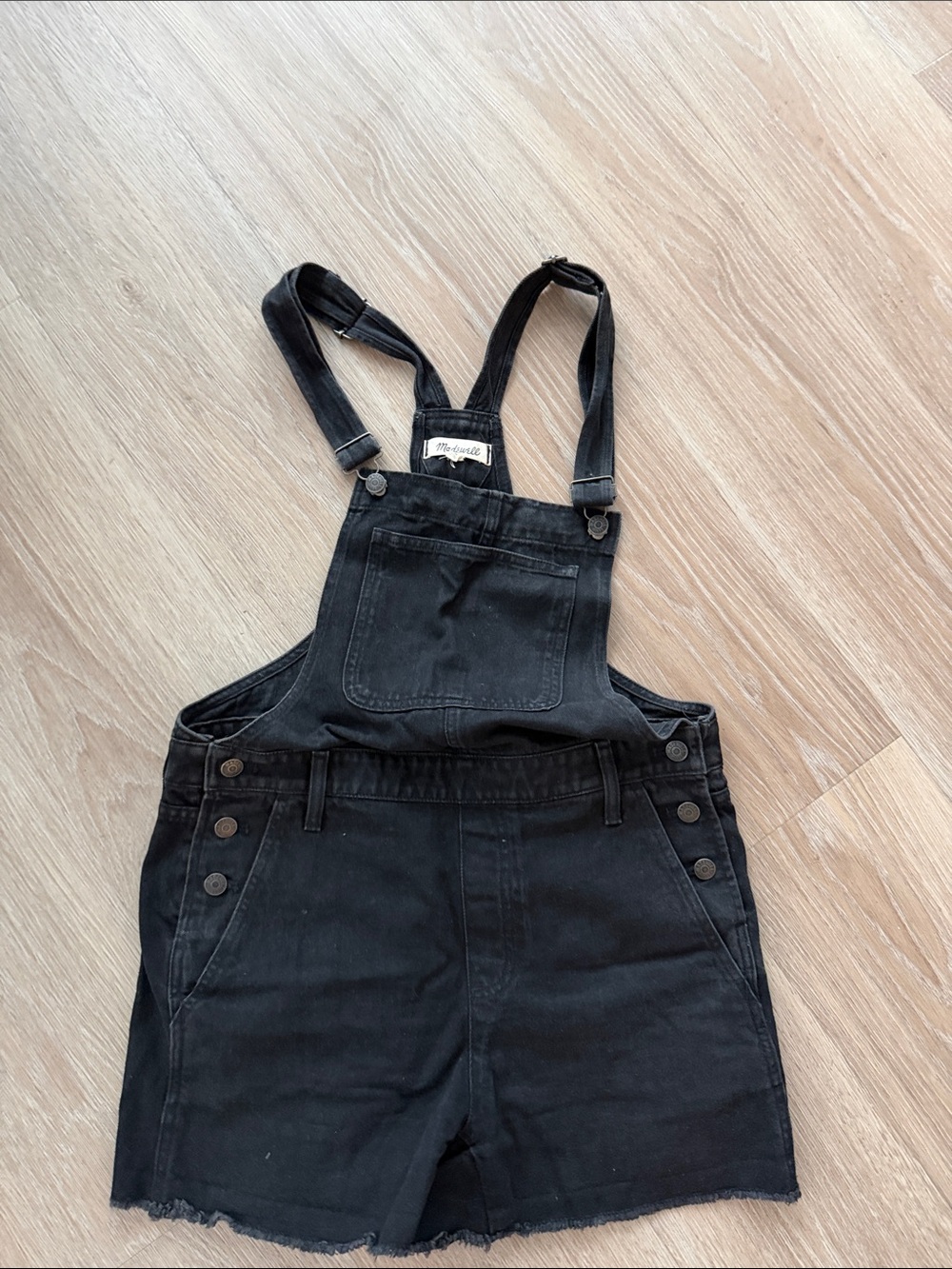 Madewell Black Denim Short Overalls with Bib Pocket